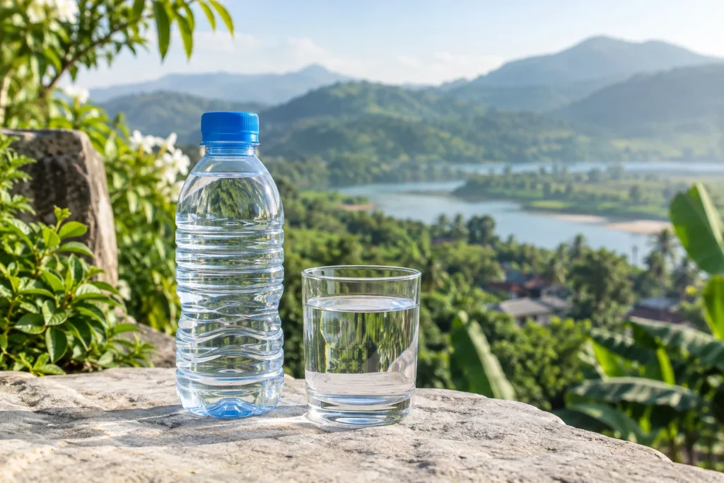 Chai nước không nhãn cạnh ly trên mặt đá với khu vườn xanh phía sau — ảnh AI minh họa
