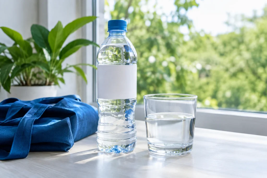 Chai nước minh họa không thương hiệu với nhãn trắng cạnh túi xanh và ly nước trên bàn — ảnh AI minh họa