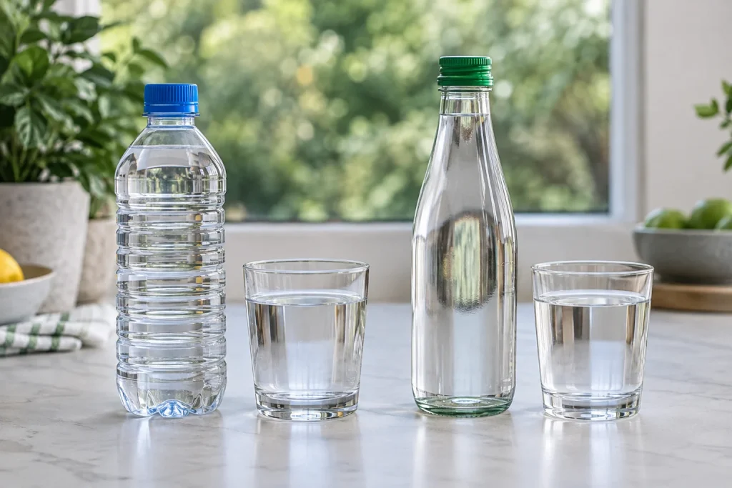 Hai chai nước minh họa không nhãn với nắp xanh dương và xanh lá, bên hai ly nước trong suốt — ảnh AI minh họa