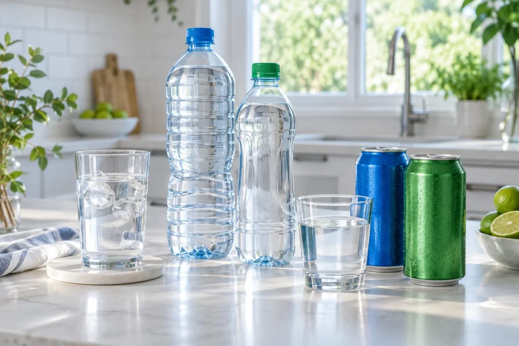 Hai chai nước và hai lon không nhãn cạnh ly nước trong khu vực bếp sáng — ảnh AI minh họa