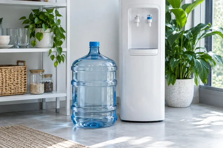 Bình nước lớn không nhãn nắp xanh đứng cạnh thiết bị cấp nước trắng — ảnh AI minh họa
