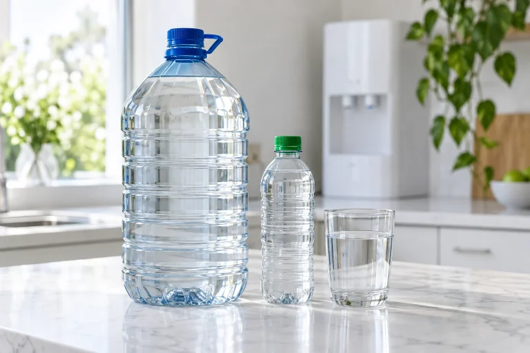 Bình nước lớn và chai nước nhỏ không nhãn với nắp xanh bên ly nước trong căn bếp sáng — ảnh AI minh họa