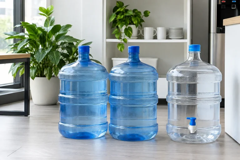 Ba bình nước lớn đứng cạnh nhau, gồm bình cổ hẹp và bình có vòi — ảnh AI minh họa