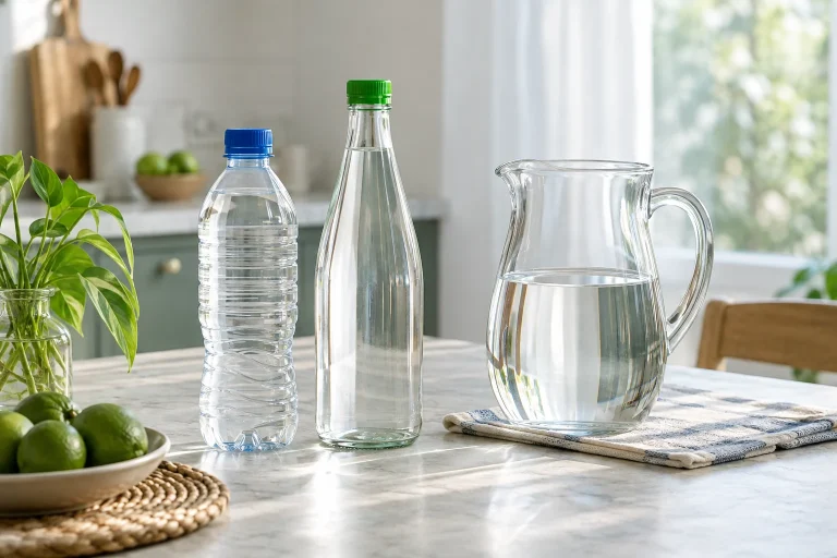 Các kiểu chai và bình rót nước trong suốt trên bàn bếp sáng — ảnh AI minh họa