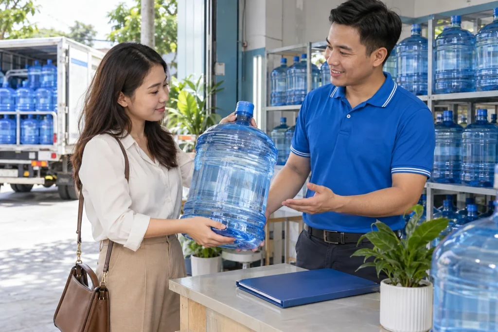 Khách hàng trao đổi điều kiện giao và kiểm tra bình nguyên niêm phong tại cửa hàng — ảnh AI minh họa