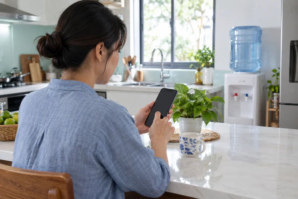 Khách hàng đặt nước bằng điện thoại trong căn bếp sáng có bình nước lớn — ảnh AI minh họa