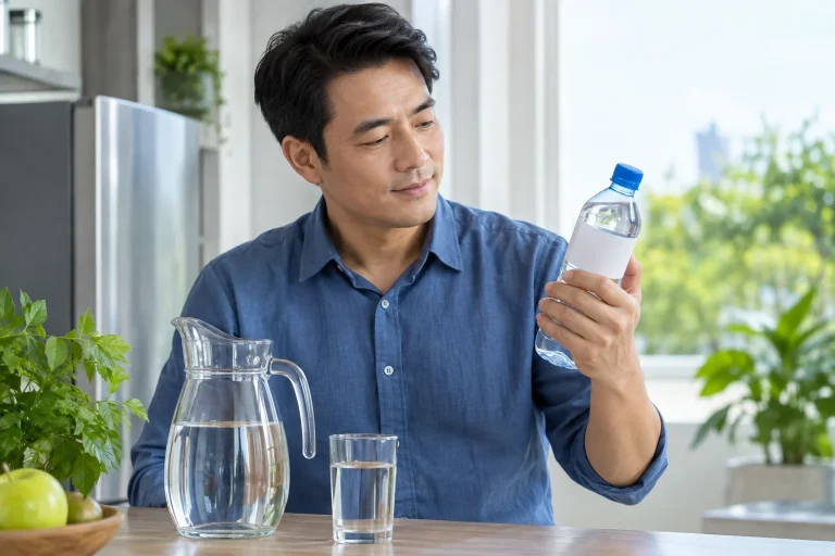 Người mặc áo xanh cầm chai nước không thương hiệu cạnh bình rót và ly trên bàn — ảnh AI minh họa