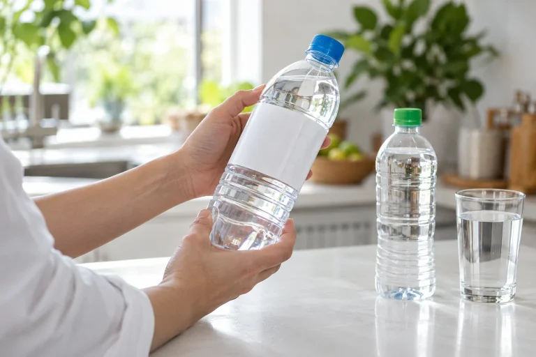Đôi tay kiểm tra chai nước nhãn trắng không chữ cạnh chai nắp xanh lá và ly nước — ảnh AI minh họa