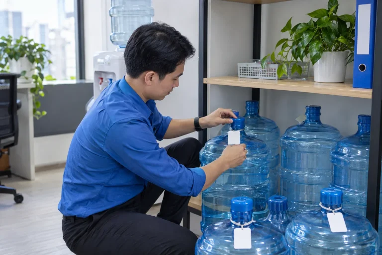 Vỏ bình nước được tập kết gọn tại khu vực quản lý trong văn phòng — ảnh AI minh họa