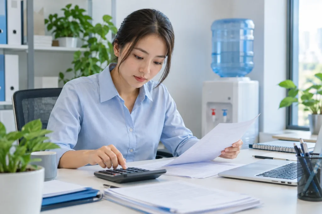 Người phụ trách đối chiếu chi phí nước với máy tính và chứng từ tại bàn làm việc — ảnh AI minh họa
