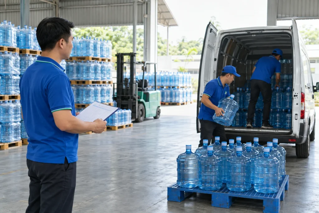 Xe giao nước và bình nước đóng kín tại điểm cung ứng số lượng lớn — ảnh AI minh họa