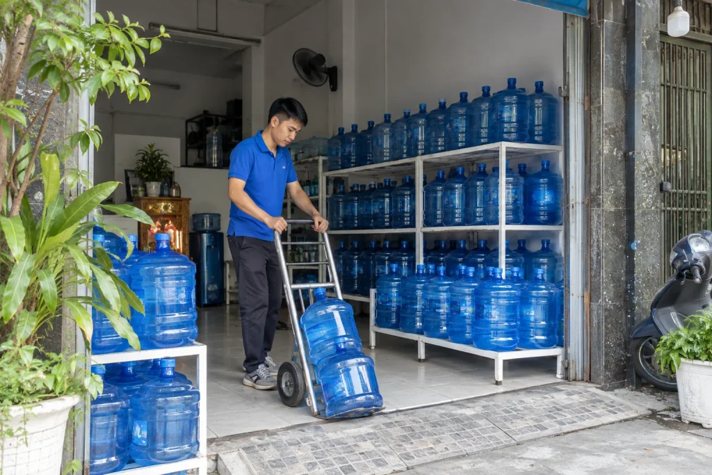Cửa hàng nước uống trong khu dân cư với bình nước được xếp gọn sạch — ảnh AI minh họa