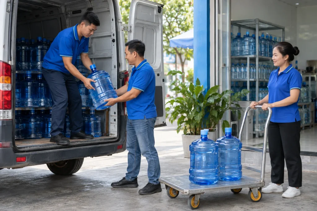 Bàn giao bình nước giữa nguồn cung và cửa hàng trong khu vực kho — ảnh AI minh họa