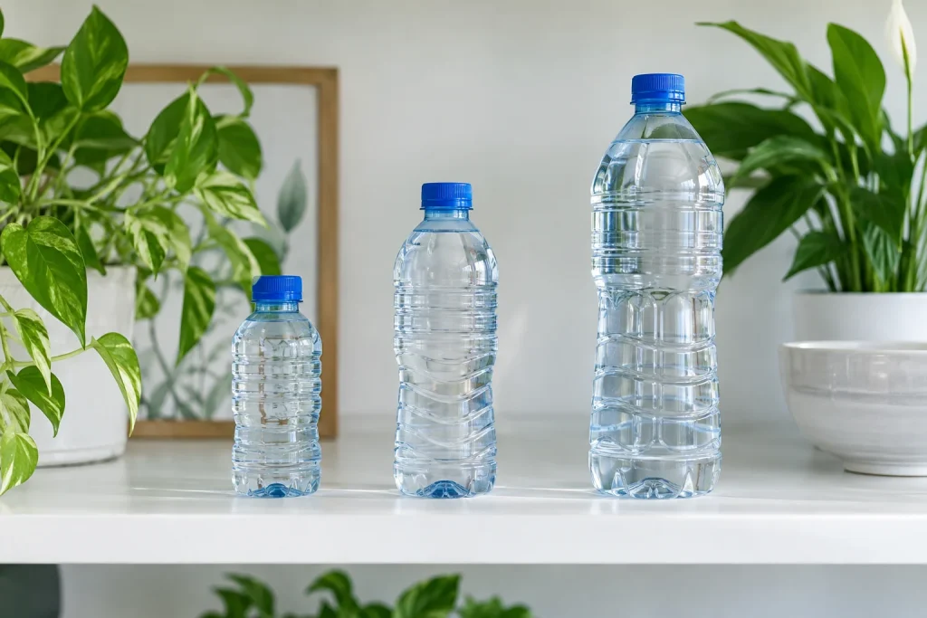 Ba chai nước không nhãn khác kích cỡ có nắp xanh trên kệ trắng — ảnh AI minh họa