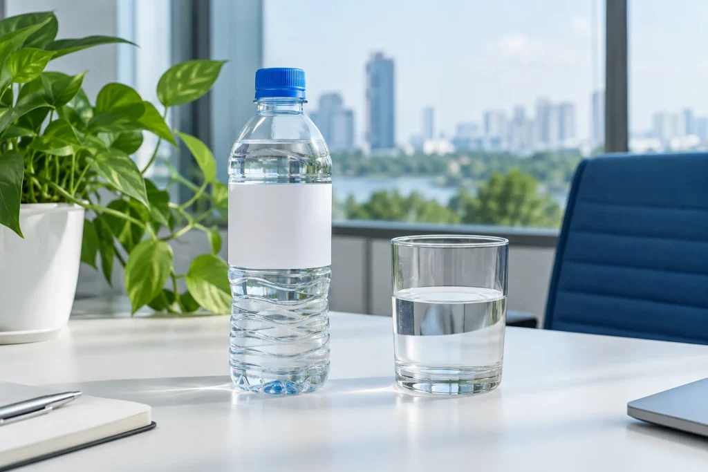 Chai nước không thương hiệu cạnh ly thủy tinh trên bàn phòng họp sáng với cây xanh — ảnh AI minh họa