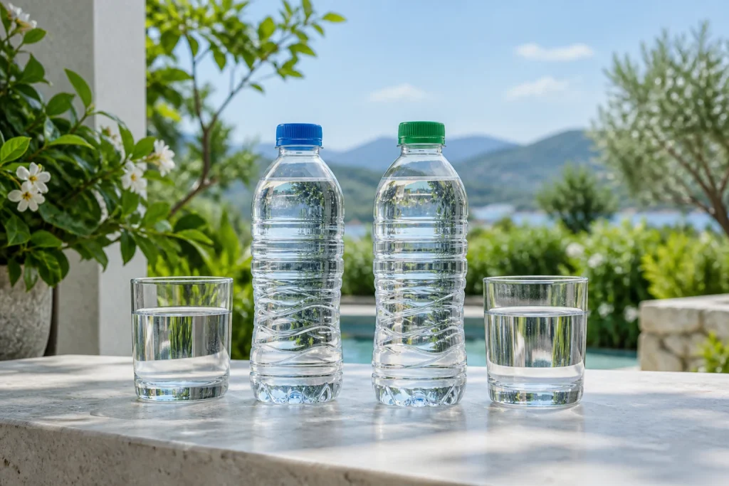 Hai chai nước không nhãn nắp xanh dương và xanh lá cạnh hai ly trên mặt đá — ảnh AI minh họa