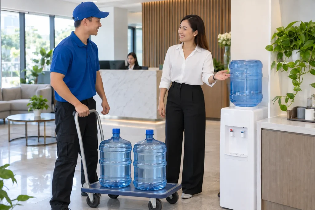 Nhân viên hành chính nhận bình nước từ người giao tại khu pantry doanh nghiệp — ảnh AI minh họa