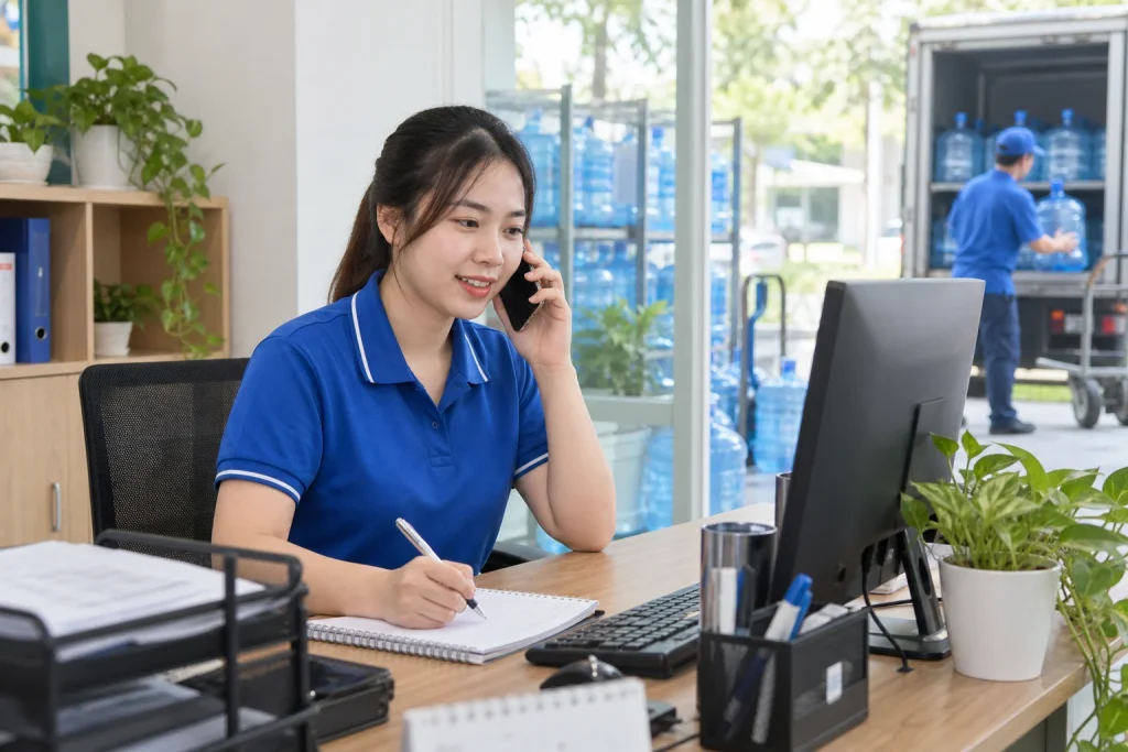 Nhân viên điều phối xác nhận đơn giao nước trong văn phòng đại lý — ảnh AI minh họa