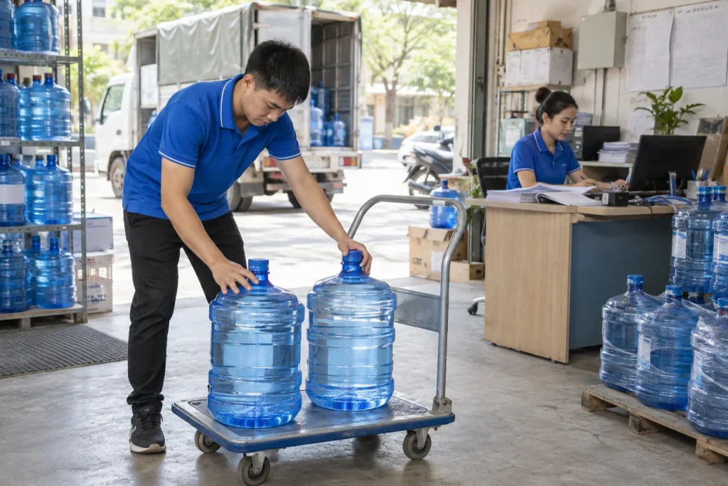 Nhân viên đại lý chuẩn bị sản phẩm và lịch xuất giao nước — ảnh AI minh họa