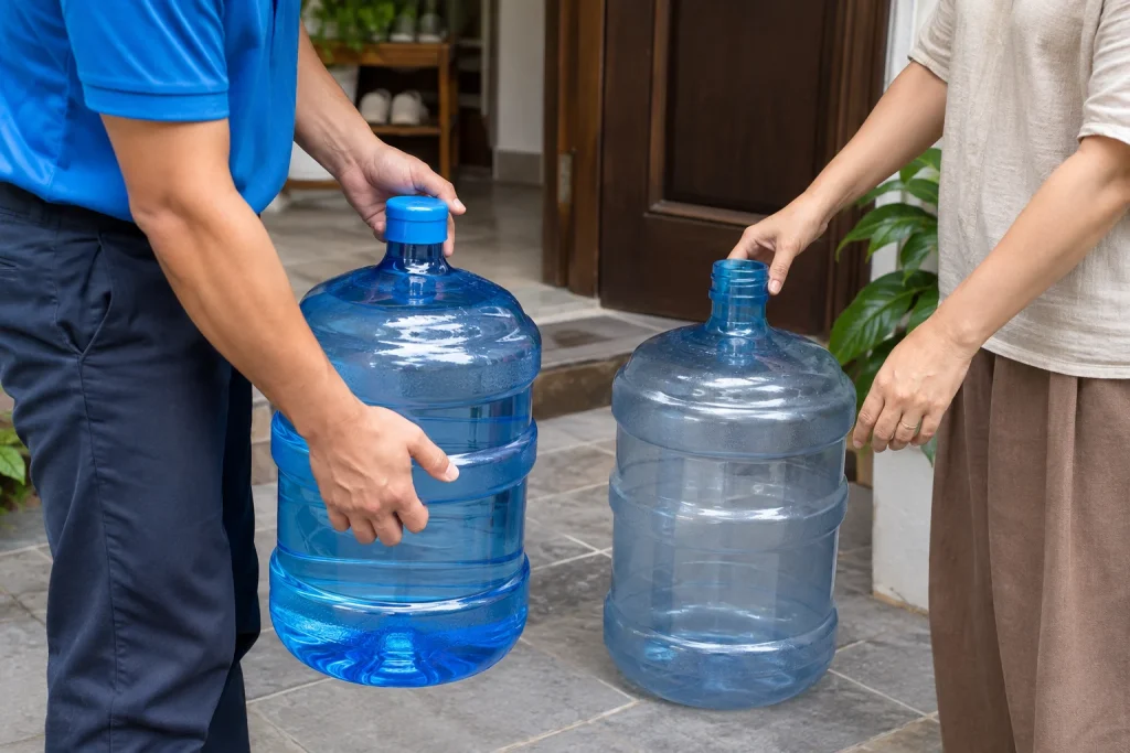 Đối chiếu bình đầy và vỏ rỗng trong một lần đổi nước — ảnh AI minh họa