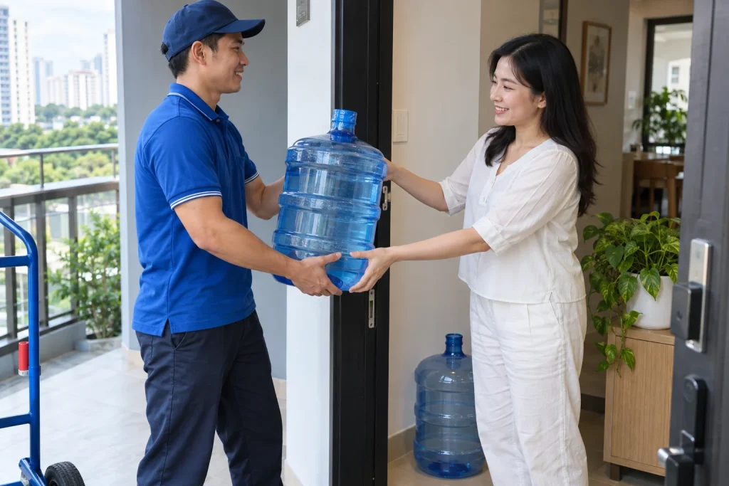 Nhân viên giao bình nước đầy và nhận lại vỏ tại cửa căn hộ, ảnh AI minh họa