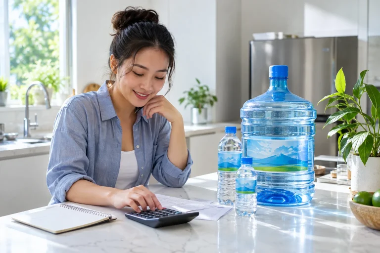 Các quy cách bình và chai nước được bố trí để đối chiếu lựa chọn mua — ảnh AI minh họa