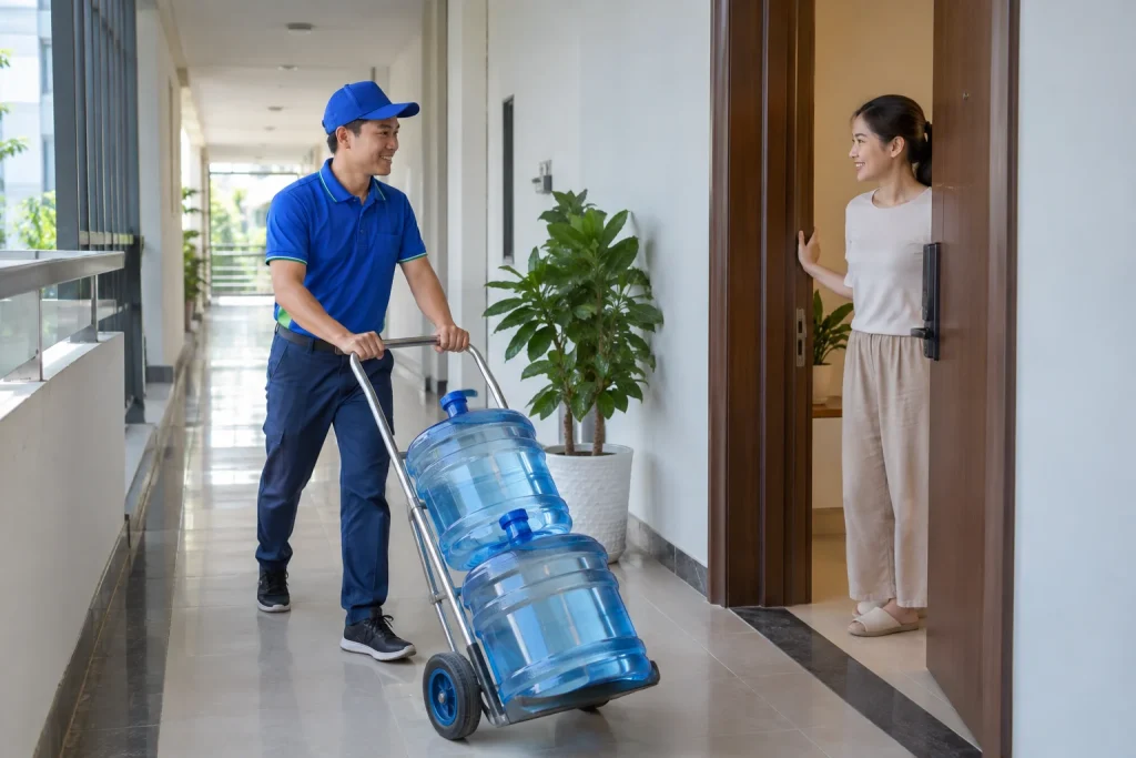 Nhân viên giao bình nước bằng xe đẩy trong hành lang căn hộ — ảnh AI minh họa