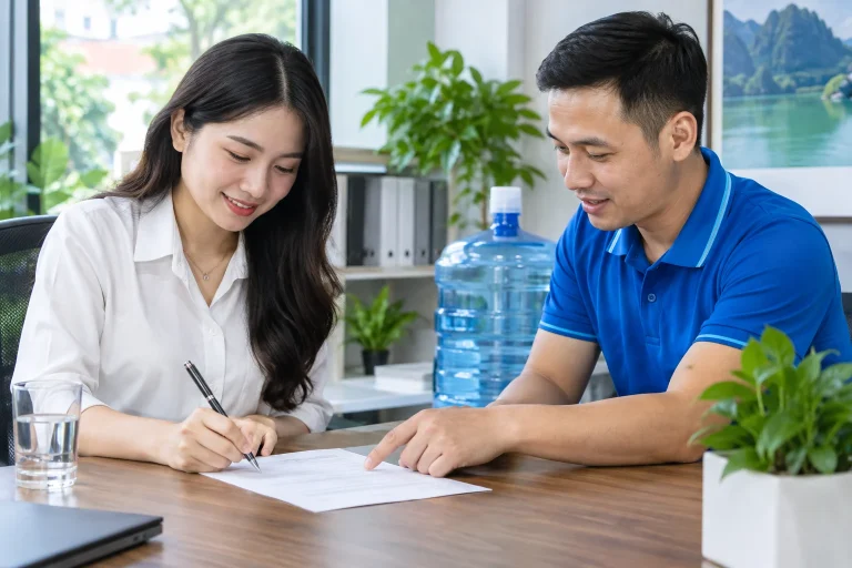 Bên mua và bên cung cấp trao đổi giấy tờ giao dịch nước uống tại bàn làm việc — ảnh AI minh họa