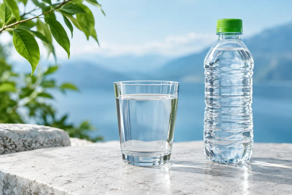 Ly nước trong suốt cạnh chai không nhãn nắp xanh lá trên mặt đá sáng — ảnh AI minh họa