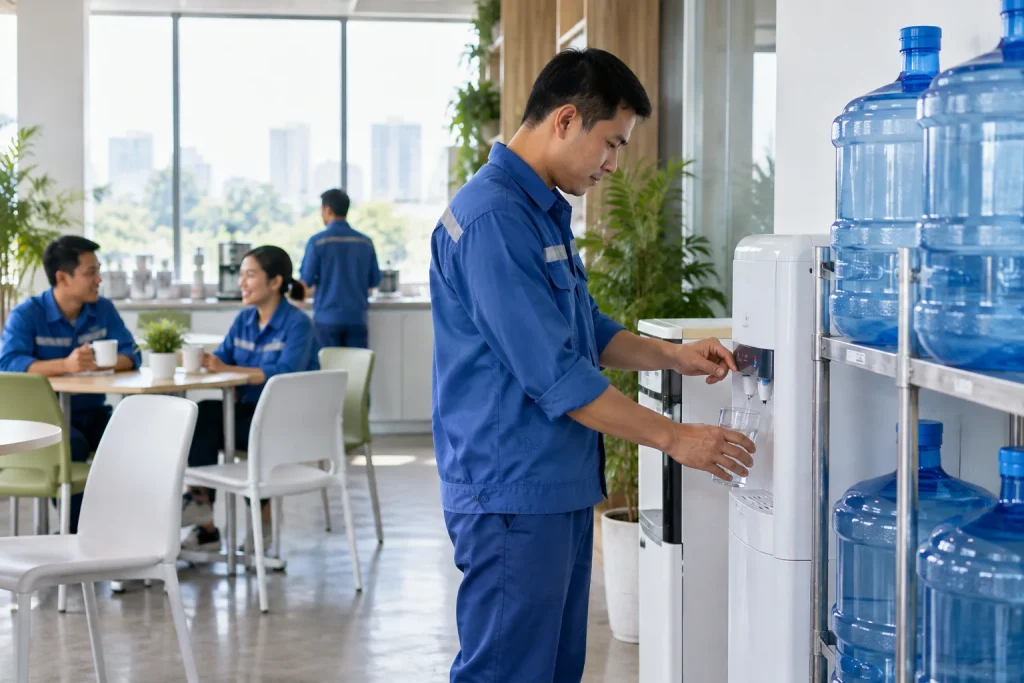 Người phụ trách cơ sở trao đổi kế hoạch cung cấp nước tại khu sinh hoạt công ty — ảnh AI minh họa