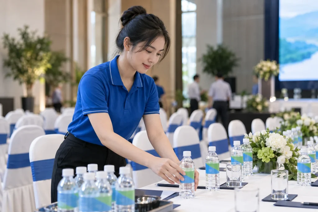 Nhân viên tổ chức kiểm tra chai nước trước khi bố trí tại hội trường sự kiện — ảnh AI minh họa