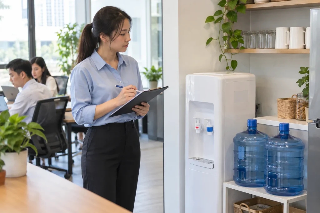 Khu sử dụng nước chung trong văn phòng với bình dự trữ được xếp gọn — ảnh AI minh họa