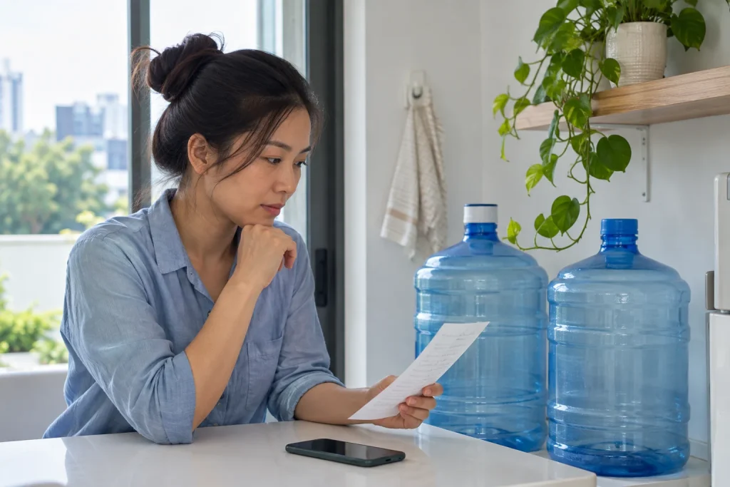 Người dùng kiểm tra ghi chú mua hàng và vỏ bình trước lần đặt nước tiếp theo — ảnh AI minh họa