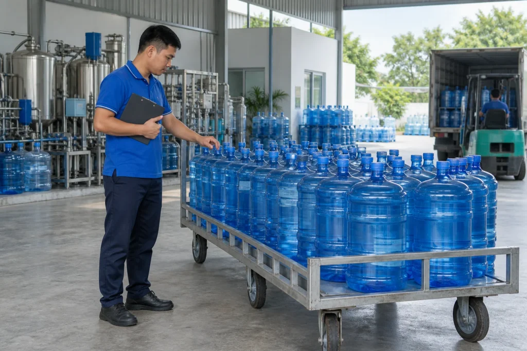 Lô bình nước đóng kín được chuẩn bị trên xe đẩy tại kho cung ứng — ảnh AI minh họa