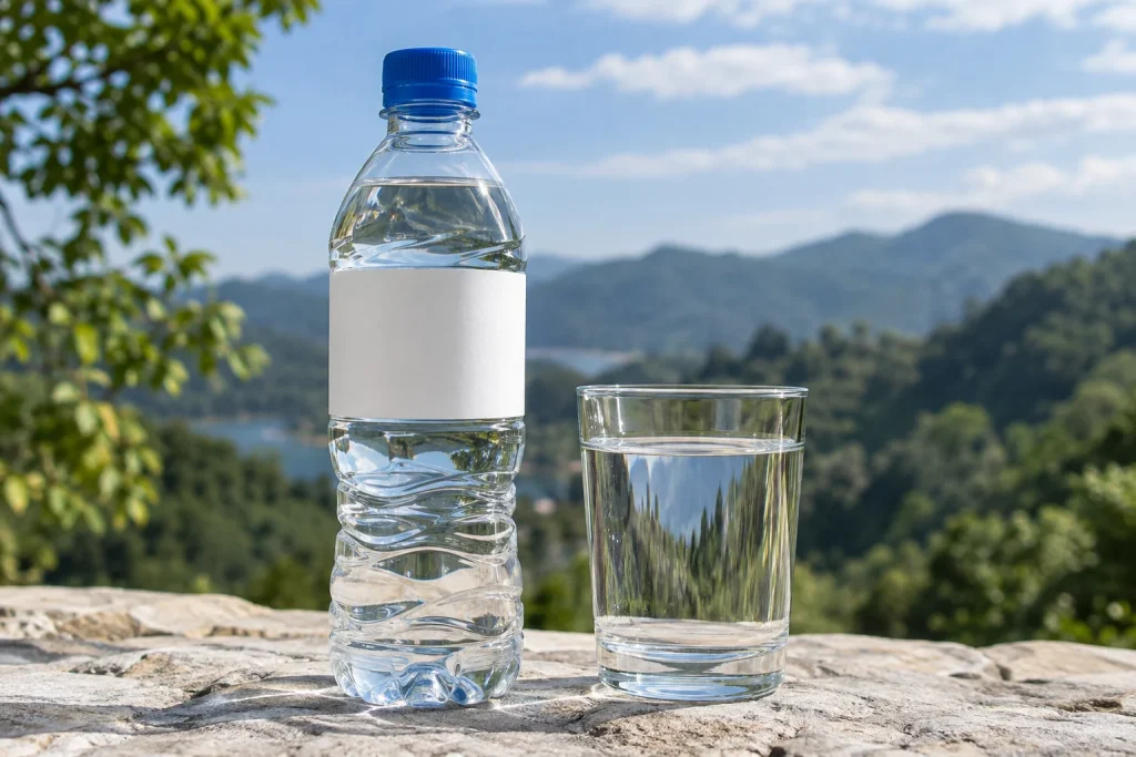 Chai nước minh họa không thương hiệu cạnh ly thủy tinh trên mặt đá, phía sau là đồi xanh — ảnh AI minh họa
