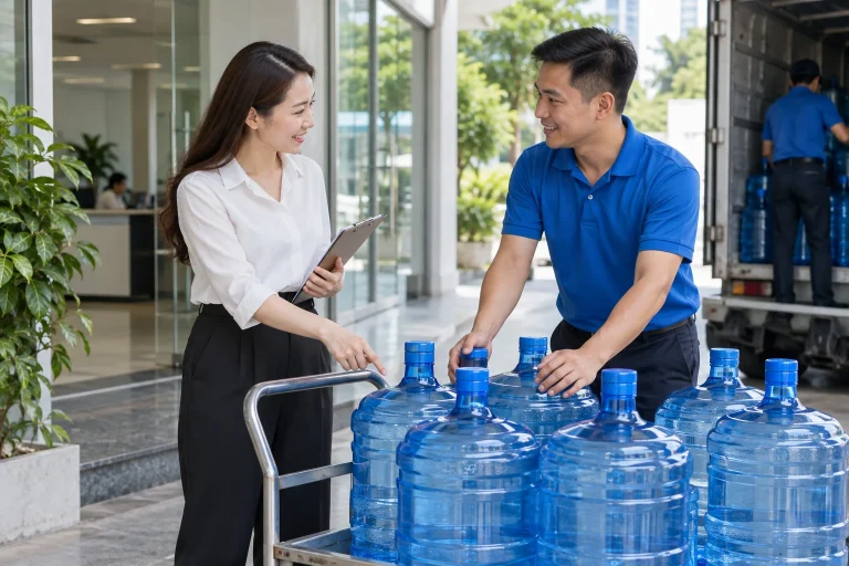 Người phụ trách kiểm tra đơn nhiều bình nước được đưa đến khu nhận của văn phòng — ảnh AI minh họa
