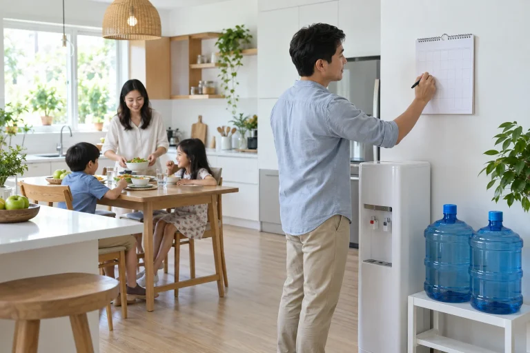 Gia đình lên kế hoạch mua nước theo kỳ cạnh bình nước trong căn bếp — ảnh AI minh họa