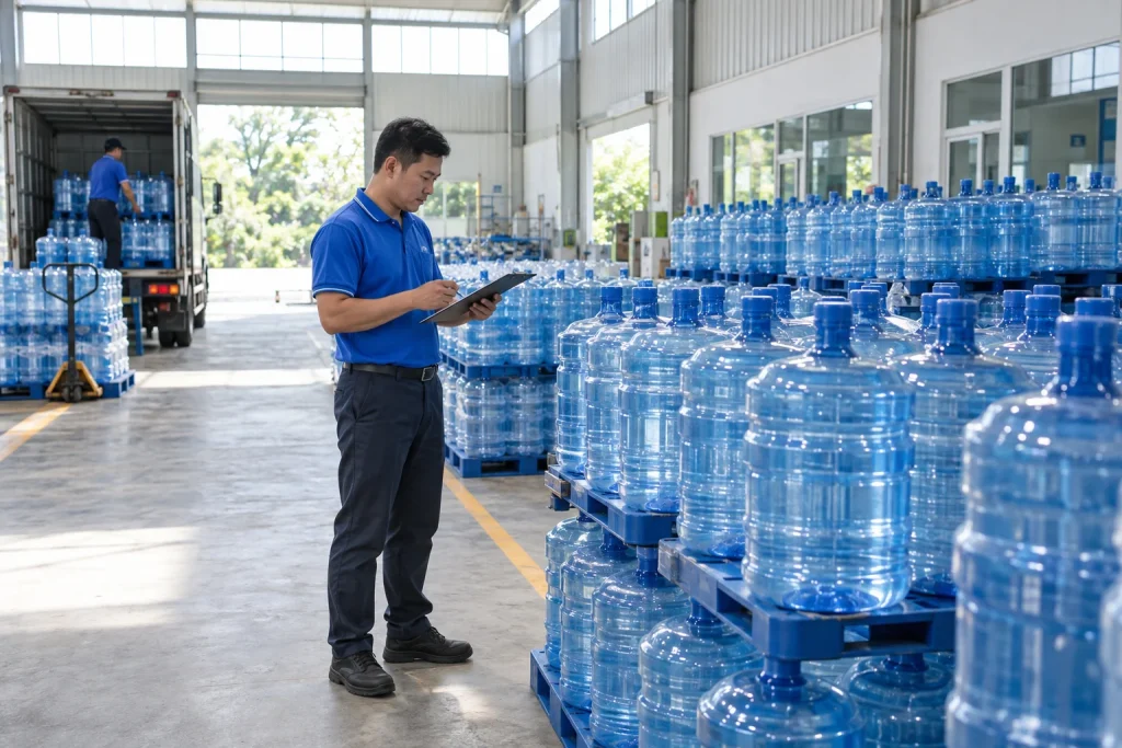 Nhân viên kiểm tra hàng tại kho phân phối nước uống sạch sáng — ảnh AI minh họa