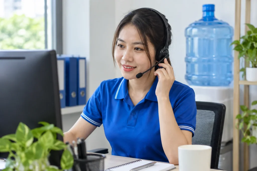 Nhân viên chăm sóc khách hàng trao đổi qua tai nghe tại đại lý nước uống — ảnh AI minh họa