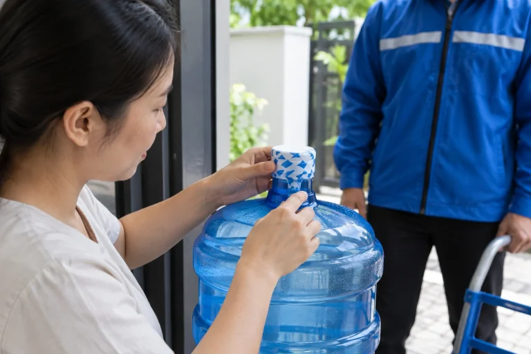 Người nhận quan sát phần niêm phong bình nước trước mặt nhân viên giao hàng — ảnh AI minh họa