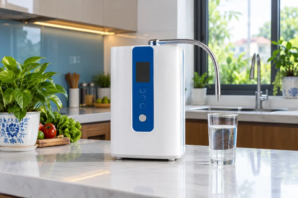 Máy tạo nước ion kiềm minh họa không thương hiệu cạnh ly nước trong bếp sáng — ảnh AI minh họa