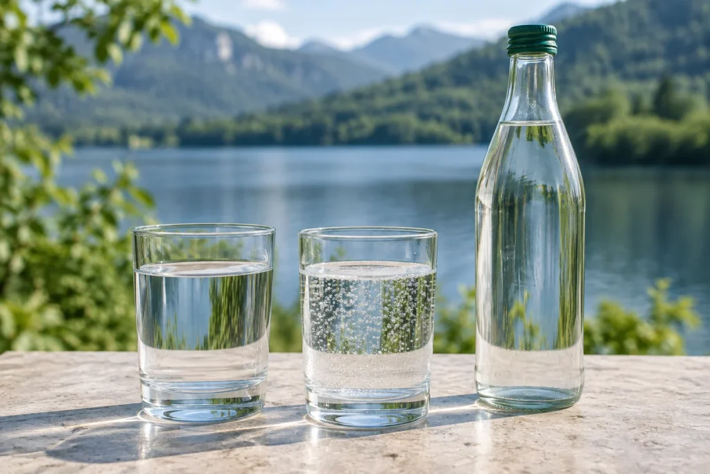 Ly nước không ga và ly có ga cạnh chai thủy tinh không nhãn, phía sau là hồ xanh và cây — ảnh AI minh họa