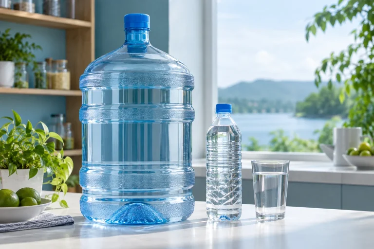 Bình nước lớn, chai nước nhỏ và ly không nhãn trên mặt bàn sáng — ảnh AI minh họa