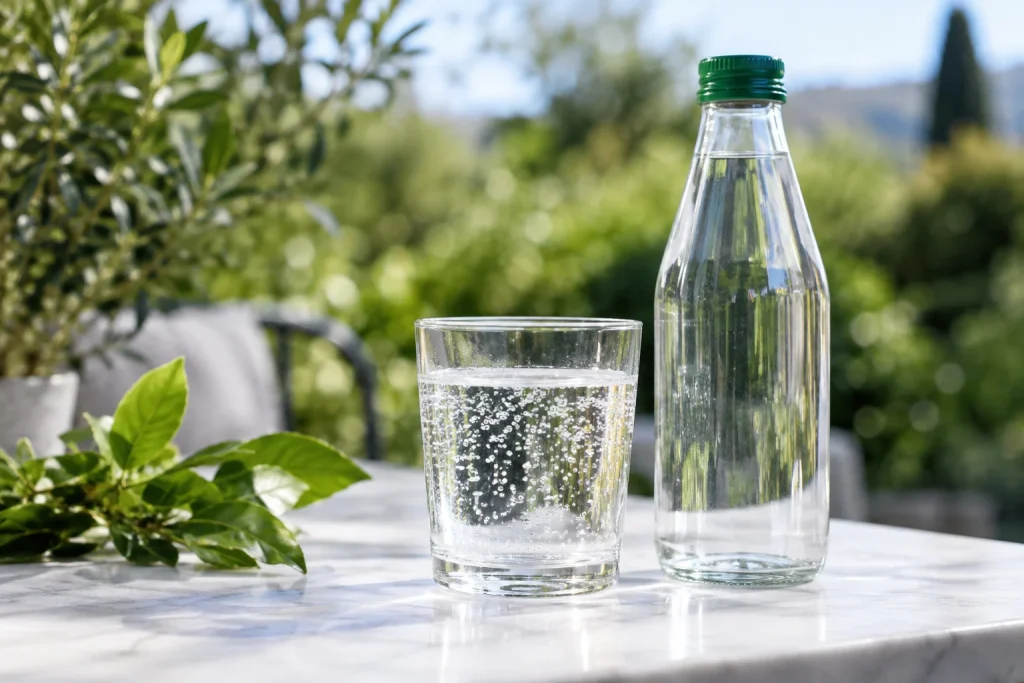 Ly nước có bọt cạnh chai minh họa không thương hiệu trên mặt đá sáng với cây xanh phía sau — ảnh AI minh họa