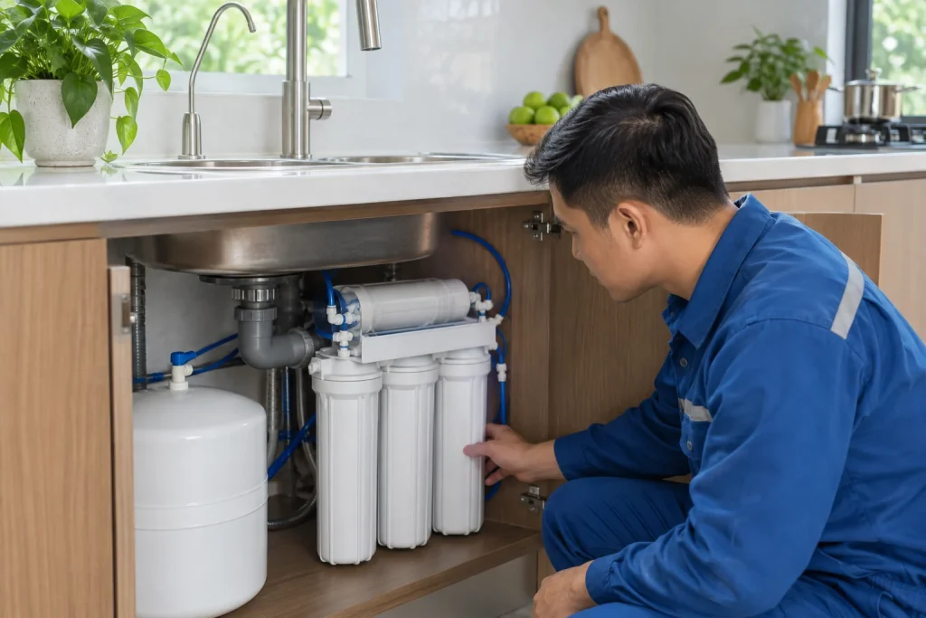 Kỹ thuật viên kiểm tra bộ lọc RO dưới chậu rửa trong căn bếp sáng — ảnh AI minh họa