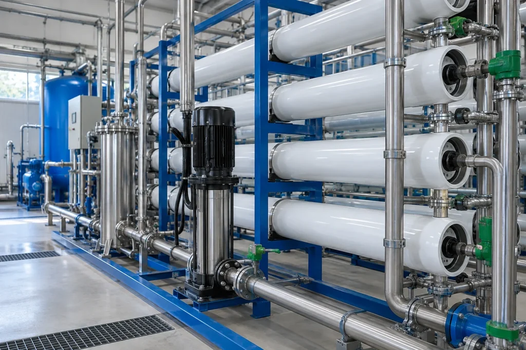 Hệ thống màng RO công nghiệp với bình màng trắng, khung xanh và đường ống inox — ảnh AI minh họa