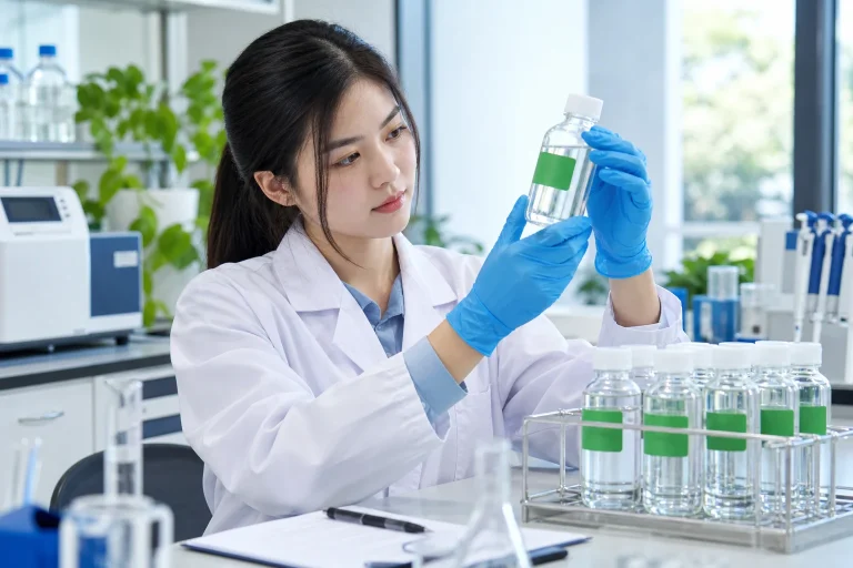 Kỹ thuật viên phòng thí nghiệm quan sát chai mẫu nước để kiểm tra chất lượng — ảnh AI minh họa