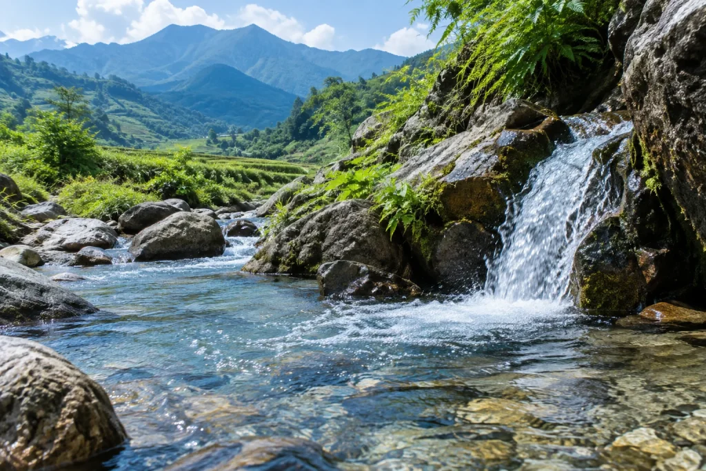 Dòng suối chảy qua đá trong cảnh quan núi xanh minh họa nguồn nước tự nhiên — ảnh AI minh họa