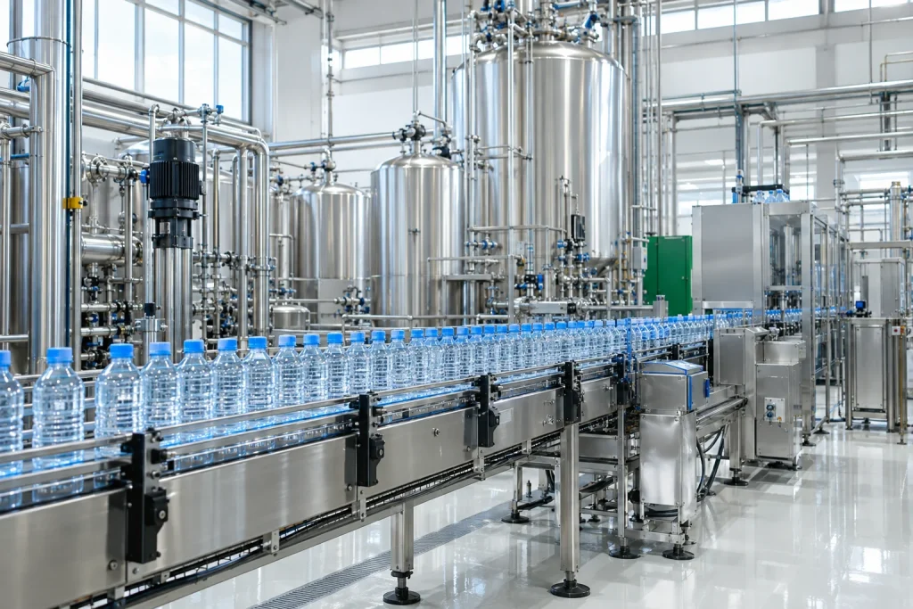 Dây chuyền chai nước không nhãn nắp xanh trong nhà máy minh họa với bồn và đường ống thép — ảnh AI minh họa