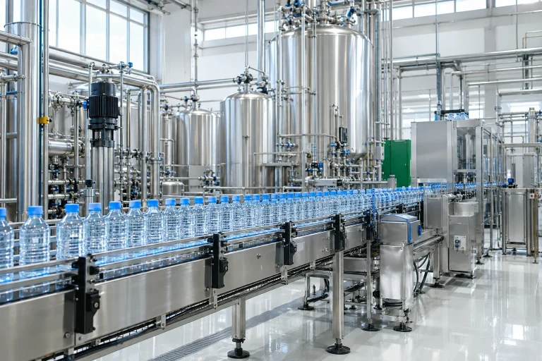 Dây chuyền chai nước không nhãn nắp xanh trong nhà máy minh họa với bồn và đường ống thép — ảnh AI minh họa